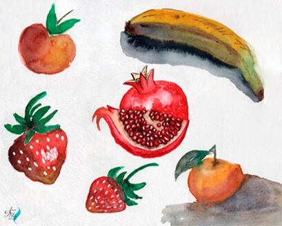 Frutas: Morangos, Nêspera, Banana e Laranja feitas à mão com Aquarela Tradicional.